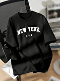 New York Baskılı Oversize Bisiklet Yaka Tshirt  iyah