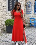 Kadın Kısa Kollu V Yaka Maxi Boy Elbise 124 Cm