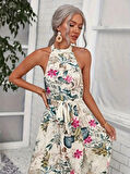 Kadın Omuzlardan Açık Halter Yakalı Yırtmaçlı çiçek Desenli Süprem Elbise