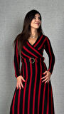 Kadın Uzun Kollu Kruvaze Yaka Kemer Dahil çizgili Triko Elbise