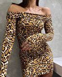 Kadın adonna endil Yaka Leopar Desen ini Elbise