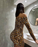 Kadın adonna endil Yaka Leopar Desen ini Elbise