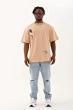 Unisex Oversize Baskılı Bisiklet Yaka Thirt  Bej
