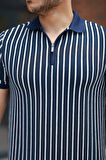Erkek çizgili Fermuar Yakalı Kısa Kollu Tişört