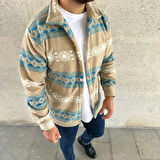 Erkek Desenli Polar Gömlek – Etnik Şerit Desen Yakalı, Uzun Kollu, Düğmeli, Oversize Rahat Kalıp  arı