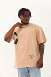 Unisex Oversize Baskılı Bisiklet Yaka Thirt  Bej