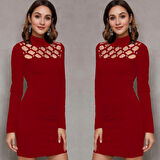 Kadın Uzun Kollu Bisiklet Yaka Lazer Kesim Inci Detay Viskon Iki Iplik Mini Boy Elbise