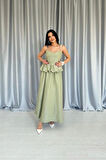 Yeşil Beli Büzgülü İnci Askılı Uzun Elbise