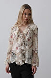 Volanlı Çiçek Desen Şifon Gömlek  Krem