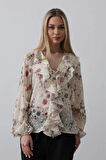Volanlı Çiçek Desen Şifon Gömlek  Krem