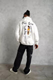 Erkek ırt Baskılı Oversize Üç İplik Kapüşonlu weatshirt  Beyaz