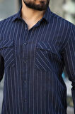 Erkek Pamuklu Çizgi Desenli Cep Detaylı Gömlek