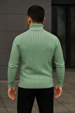 Erkek Balıkcı Yaka Bağazlı Triko Kazak Pamuklu Kalın Fitilli Dokuma, Regular Fit Uzun Kollu Kışlık odel  int Yeşili