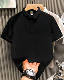 Yakası Düğmeli Yakalı Pike Düz TShirt  Siyah