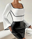 Kadın U Yaka iyah şerit Detyalı Yarasa Kol Dalgıç Kumaş Arabiyeli Bluz