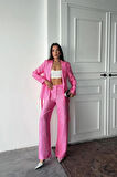 Pembe Beli Kuşaklı Ceket Ve Pantolon Parlak Takım