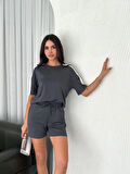 Osy odal Yumuşak Dokulu Kumaş Parçalı Bisiklet Yaka Tshirt Kısa Şort İkili Takım  Antrasit