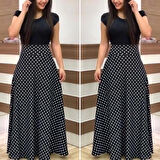 Kadın Kısa Kollu Puan Desen Tam Boy Krep Elbise