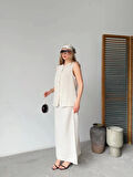 Keten Kolsuz Hırka Etek Ikili Takım Beyaz
