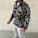 Erkek Yarım Fermuarlı Desenli Polar weat Yakalı, Uzun Kollu, Oversize Rahat Kalıp  iyah