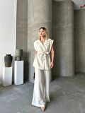 Keten ıfır Kol Kuşaklı Ceket Pantolon Ikili Takım  Beyaz
