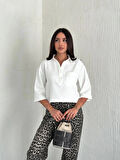 Crop Yakalı Gömlek Üç Çeyrek leeve Kol  Beyaz