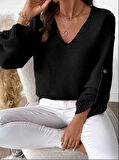Kadın Uzun Kollu V Yakalı Düğmeli Triko Bluz