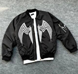 Tam Fermuarlı Uzun Kol Baskılı Bomber Ceket  iyah