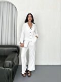 Yakalı Düğmeli Uzun Kollu Gömlek Pantolon Ikili Takım  Beyaz