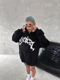Unisex Üç İplik Kapşonlu Baskılı weathirt  iyah