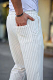 Erkek Cizgili Dokuma Krep Jogger Buggy Pantalon Rahat Kalıp  Beyaz