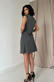 Gri Yanı Büzgülü ıfır Kol Elbise