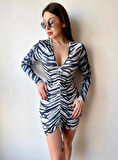 Kadın V Yaka önü Asansör Büzgü Detay Fırsat ürün Zebra ini Elbise