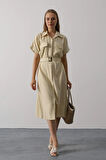 Kuşaklı Cep Detaylı Yarım Kol Elbise  Ekru