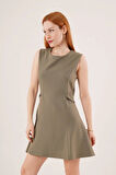 Yanları Zincir Detaylı ıfır Kol Haki Mini Elbise