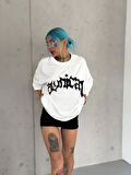 Unisex Bisiklet Yaka Baskılı Oversize Thirt  Beyaz