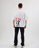 Unisex Bisiklet Yaka Baskılı Oversize Thirt  Beyaz