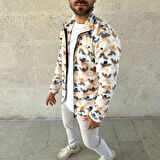 Erkek Tam Fermuarlı Desenli Polar weat – iyah ulticolor Figür Desen Yakalı, Uzun Kollu, Oversize Rahat Kalıp Beyaz