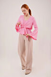 Ön Bağlamalı Volan Kol Pembe Bluz