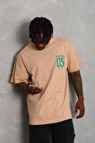 Unisex Oversize Baskılı Bisiklet Yaka Thirt  Bej