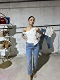 Taşlı Parlak Yüksek Bel Kot Pantolon