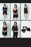 Kadın siyah Saten Çeyiz Set 6 Parça Dantelli Sab. Gec. Pijama Şortlu Tk.+Terlikli çeyiz set