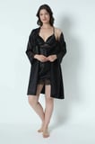Kadın siyah Saten Çeyiz Set 6 Parça Dantelli Sab. Gec. Pijama Şortlu Tk.+Terlikli çeyiz set