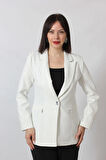 1906 Beyaz Çizgili Fermuarlı Cep Aksesuarlı  Kadın Büyük Beden Blazer Ceket