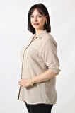 BB-077 BEJ PAMUK KETEN KOLU APOLETLİ İKİ CEPLİ KADIN BÜYÜK BEDEN GÖMLEK