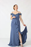 2401 İndigo Göğsü Aplik İşlemeli Eteği Volanlı Uzun Abiye