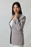 1906 Gri Çizgili Fermuarlı Cep Aksesuarlı  Kadın Büyük Beden Blazer Ceket