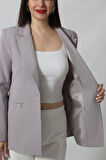 1906 Gri Çizgili Fermuarlı Cep Aksesuarlı  Kadın Büyük Beden Blazer Ceket