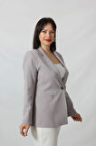 1906 Gri Çizgili Fermuarlı Cep Aksesuarlı  Kadın Büyük Beden Blazer Ceket