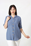İB-077 İNDİGO PAMUK KETEN KOLU APOLETLİ İKİ CEPLİ KADIN BÜYÜK BEDEN GÖMLEK
